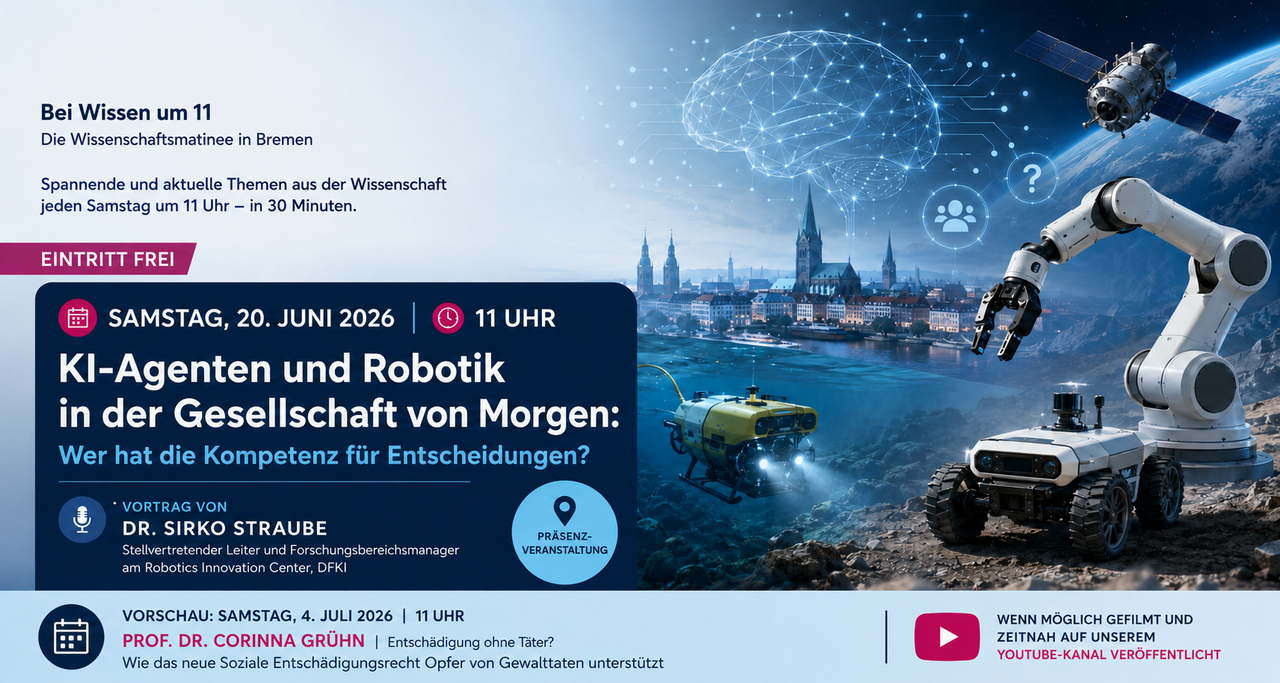 Event poster "Wissen um 11" with date, lecture title and images of a robot arm and a brain